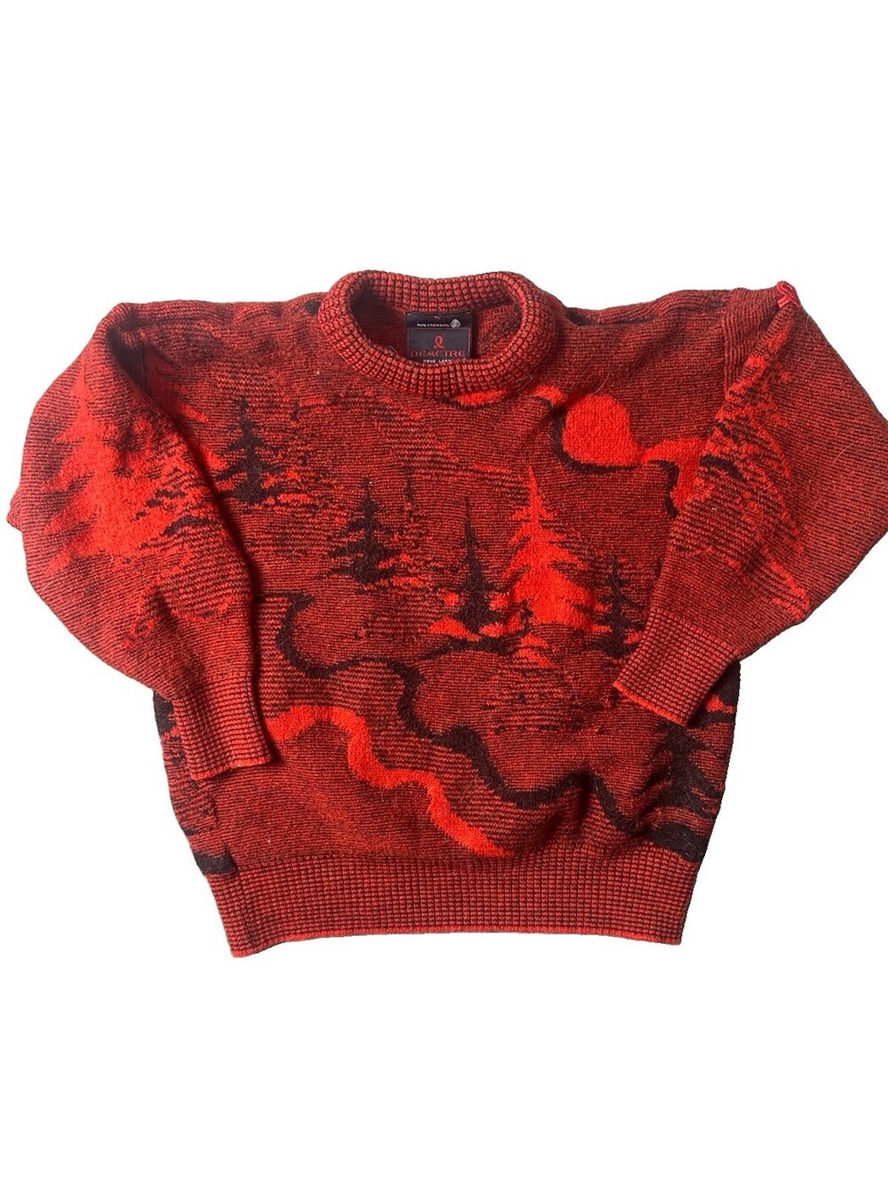 VTG 80s Demetre Pure Virgin Wool Scenic Sweater USA Red Black Mock Neck XXS XS